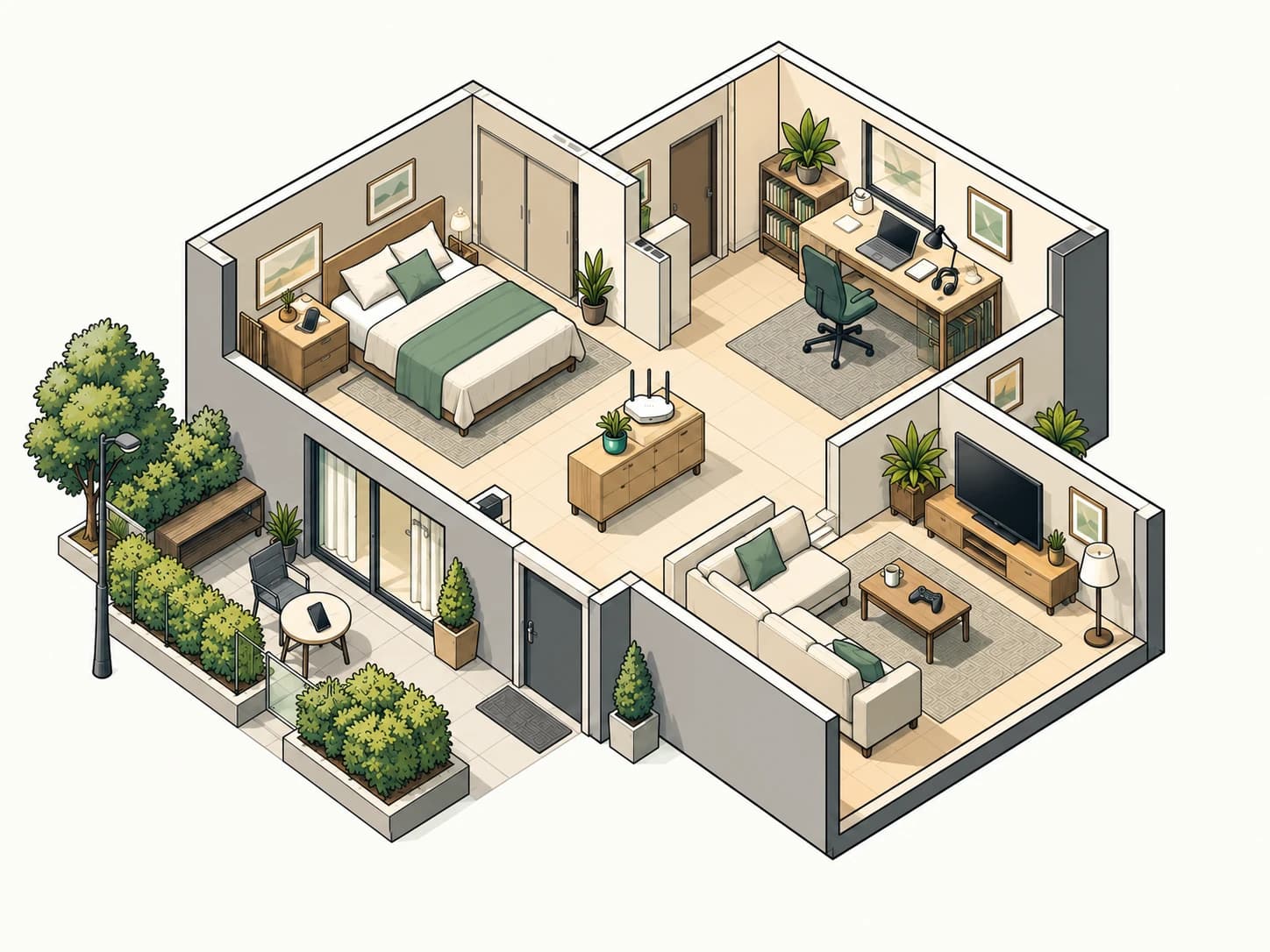 Casa ilustrada con despacho, salón, dormitorio y terraza