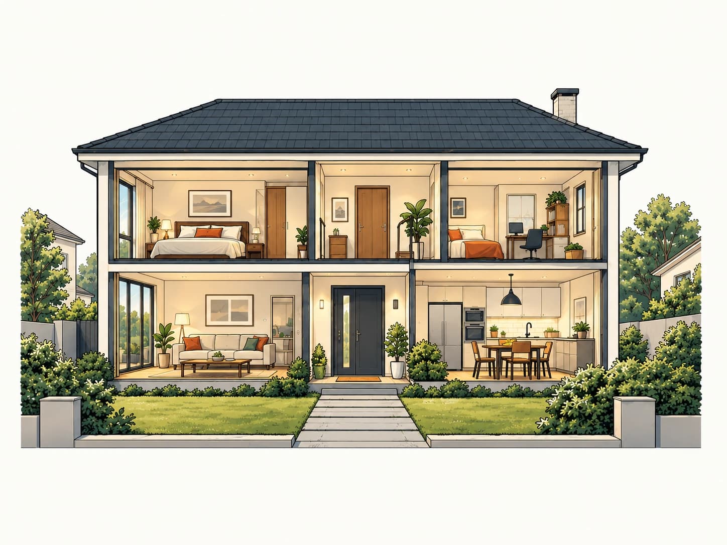 Casa ilustrada en sección, con dos plantas y jardín