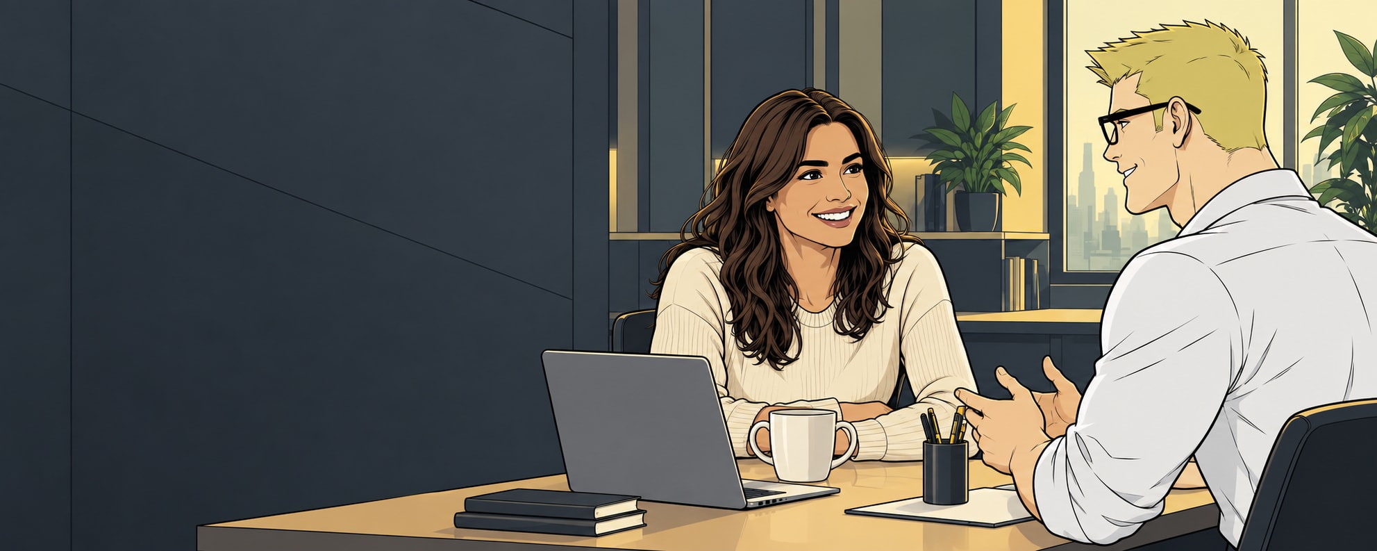 El asesor de SuperAgentes, rubio y con gafas, conversa con una clienta en una oficina ilustrada